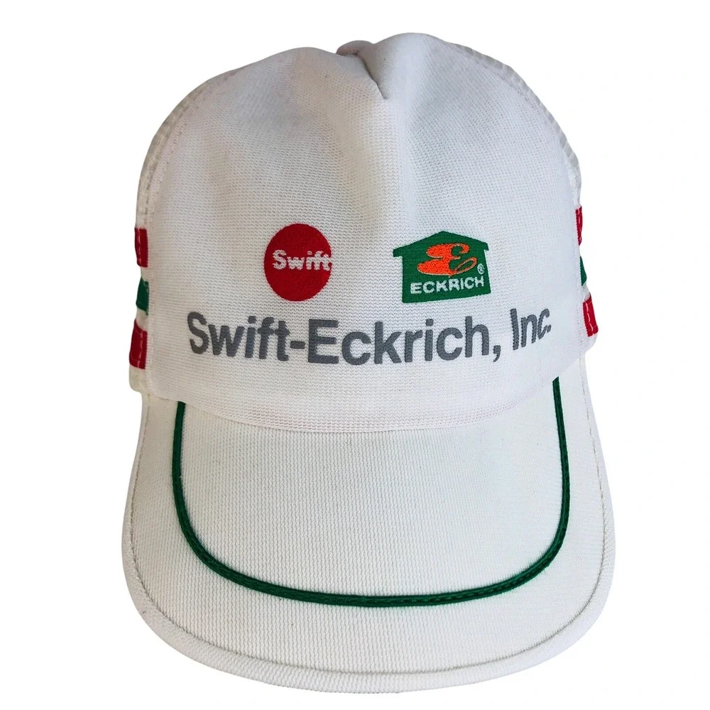 3 Stripe Trucker Hat Swift Eckrich Bars SnapBack Mesh Cap Made In USA White VTG